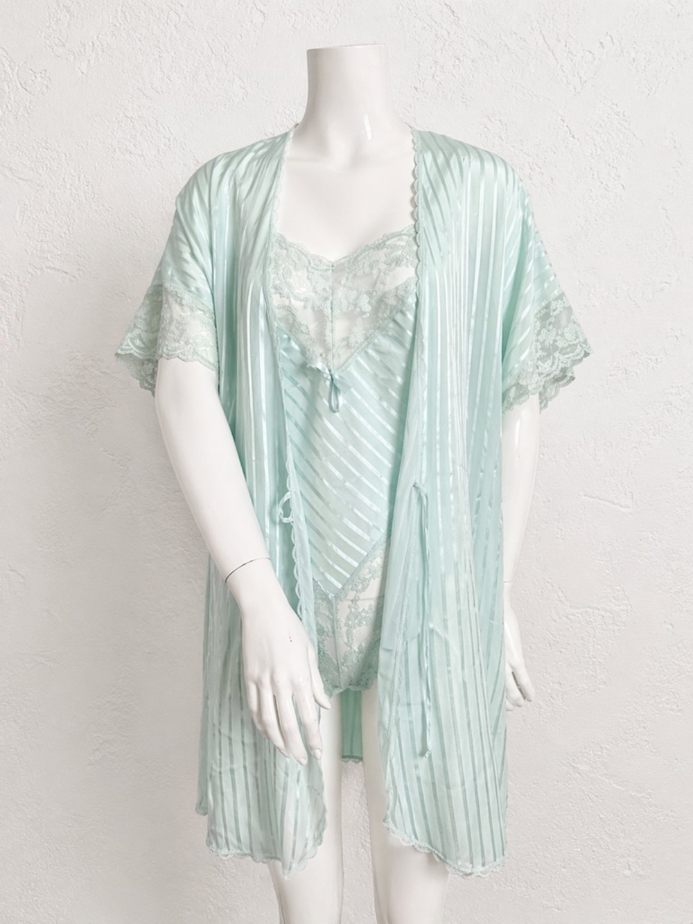 Vintage Mint Green Sheer Lace Robe & Lingerie Set | Coquette Boudoir Peignoir M